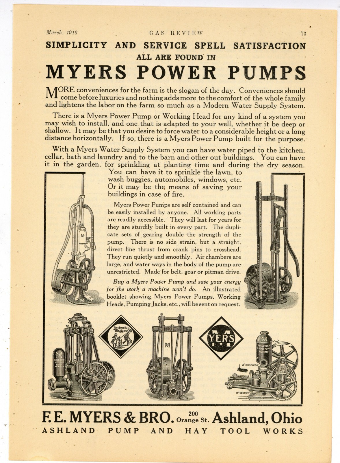1916 Myers Power Pumps Ad: F.E. Myers & Bro. Ashland, Ohio Pump & Hay Tool Works
