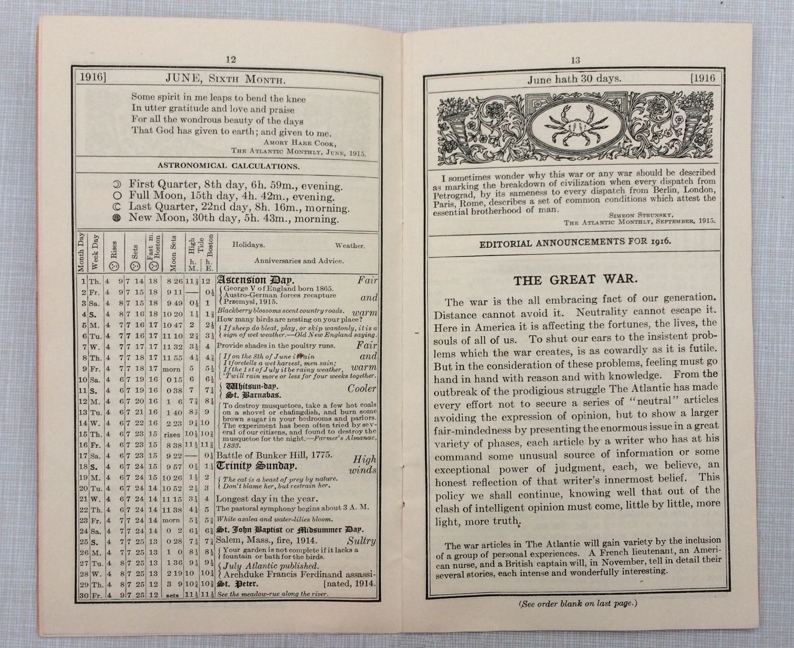 1916 THE ATLANTIC MONTHLY LITERARY ALMANAC, BOSTON MASSACHUSETTS