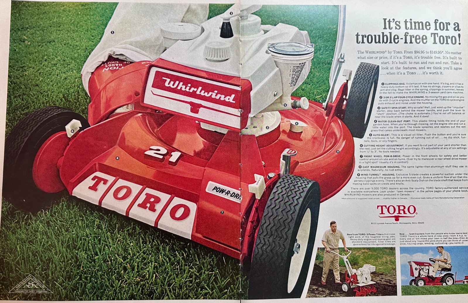 1967 Toro Whirlwind Lawn Mower, Tiller & Tractor 2-Page Ad #1551