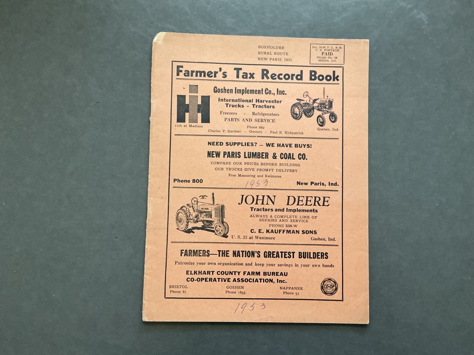 1952 Farm Acct. Record Book – Wakarusa Plumbing & Heating, New Paris, Indiana