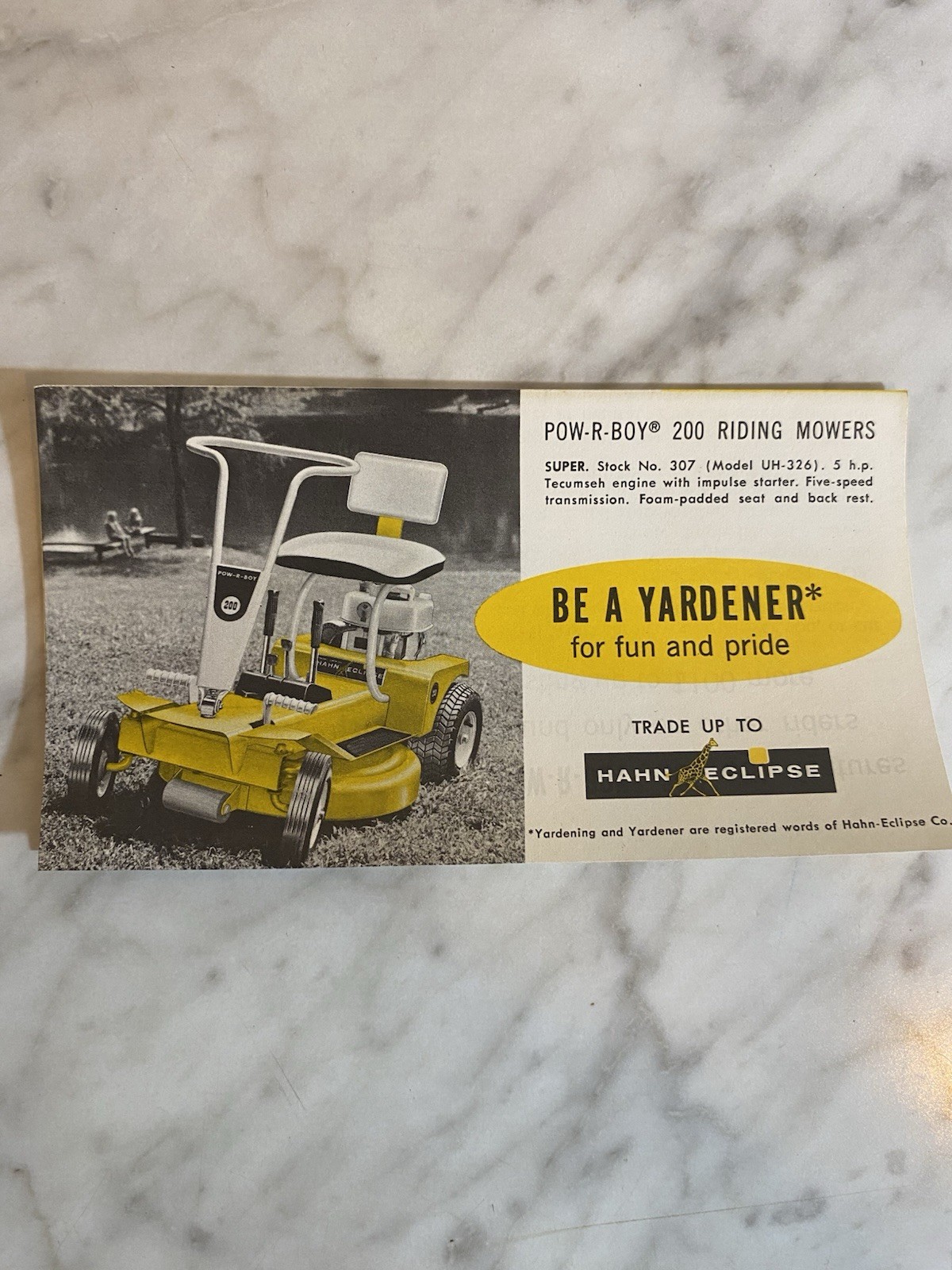Vintage 1966 Hahn-Eclipse Pow-R-Boy 200 Riding Mower Advertising Brochure Yellow