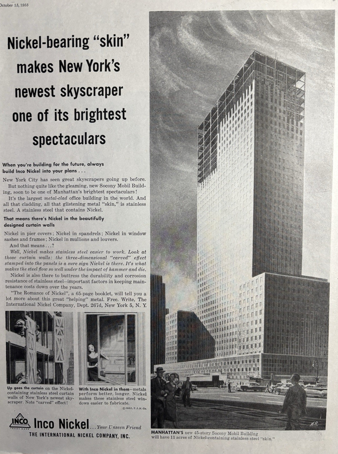 1955 INCO Nickel Co Manhattans Socony Mobil Bldg Skyscraper Vintage Print Ad