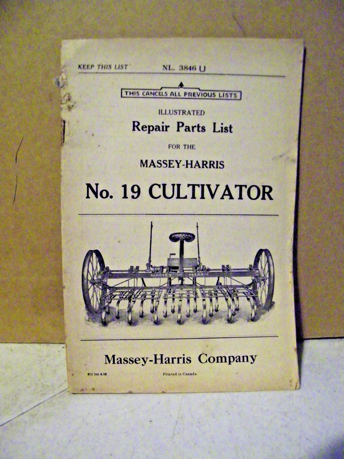 Original Massey Harris No 19 Cultivator Repair Parts List