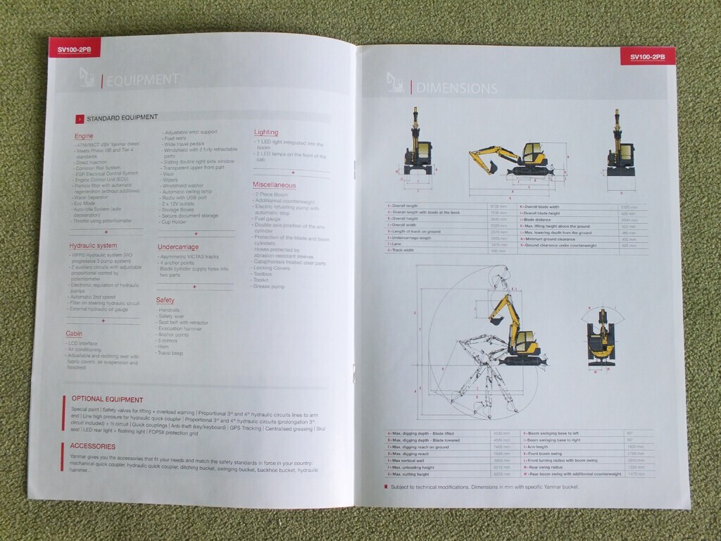YANMAR SV100 2PB Hydraulic Midi Range Excavator Brochure Prospekt 2015