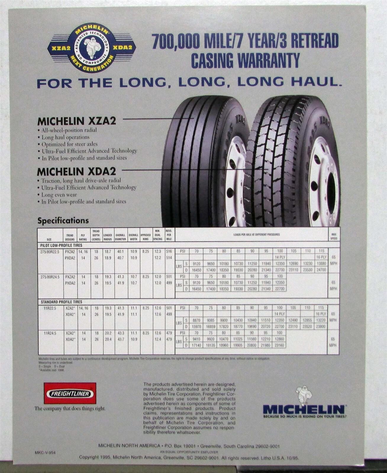 1996 Freightliner Century Class Trucks Michelin Tires Specs Sales Sheet