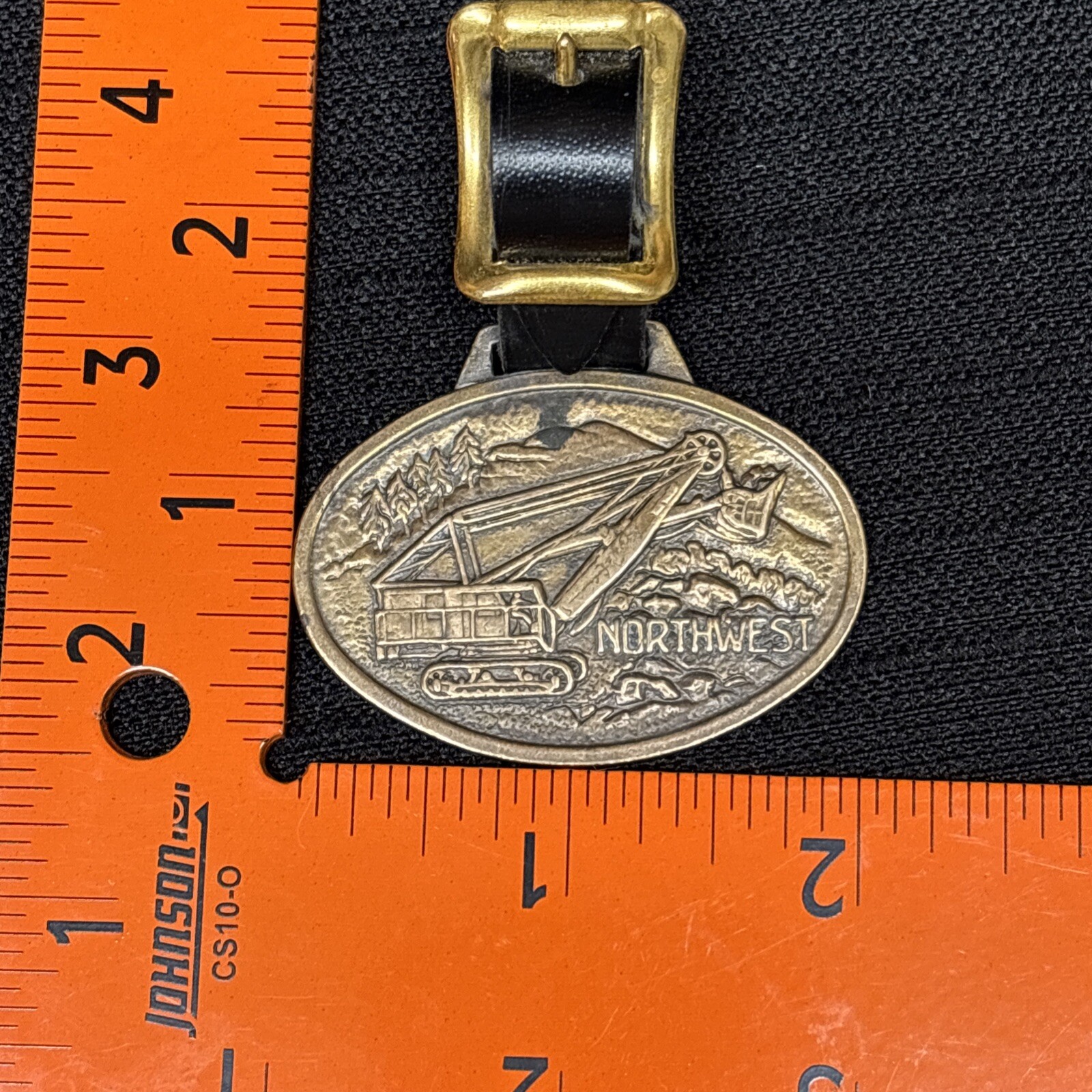 Vtg NORTHWEST Front Shovel Dragline Crane Luggage Tag Brass with Leather Strap