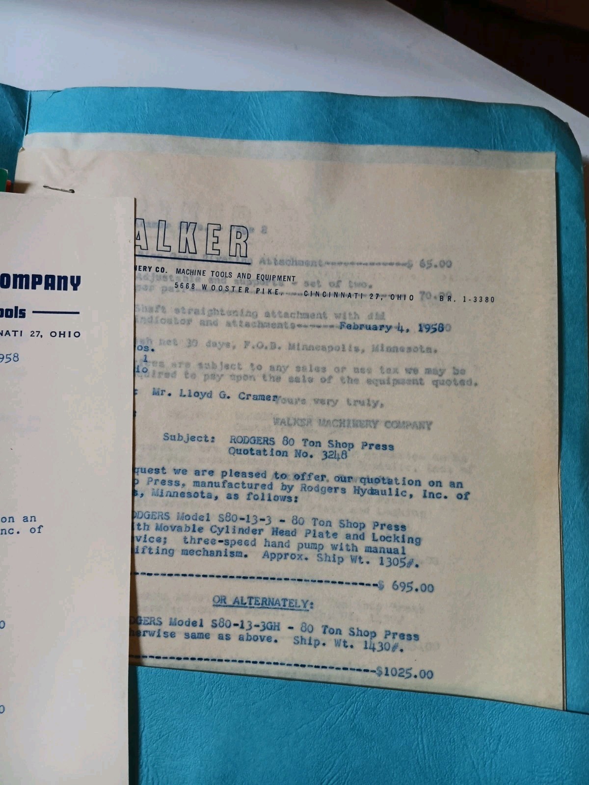 Walker Machinery Co Rodgers 80 TON PRESS Vtg PROPOSAL Advertising Brochures 1958
