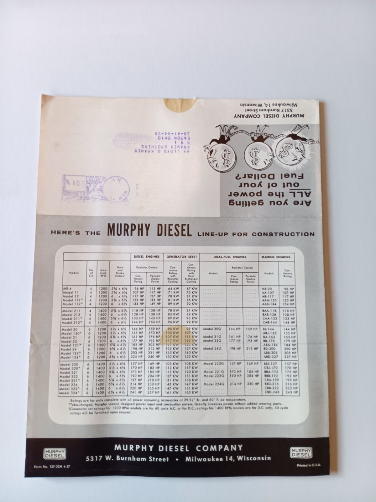 Vintage Murphy Diesel Sales Mailer Advertising Construction Wisconsin 1950s