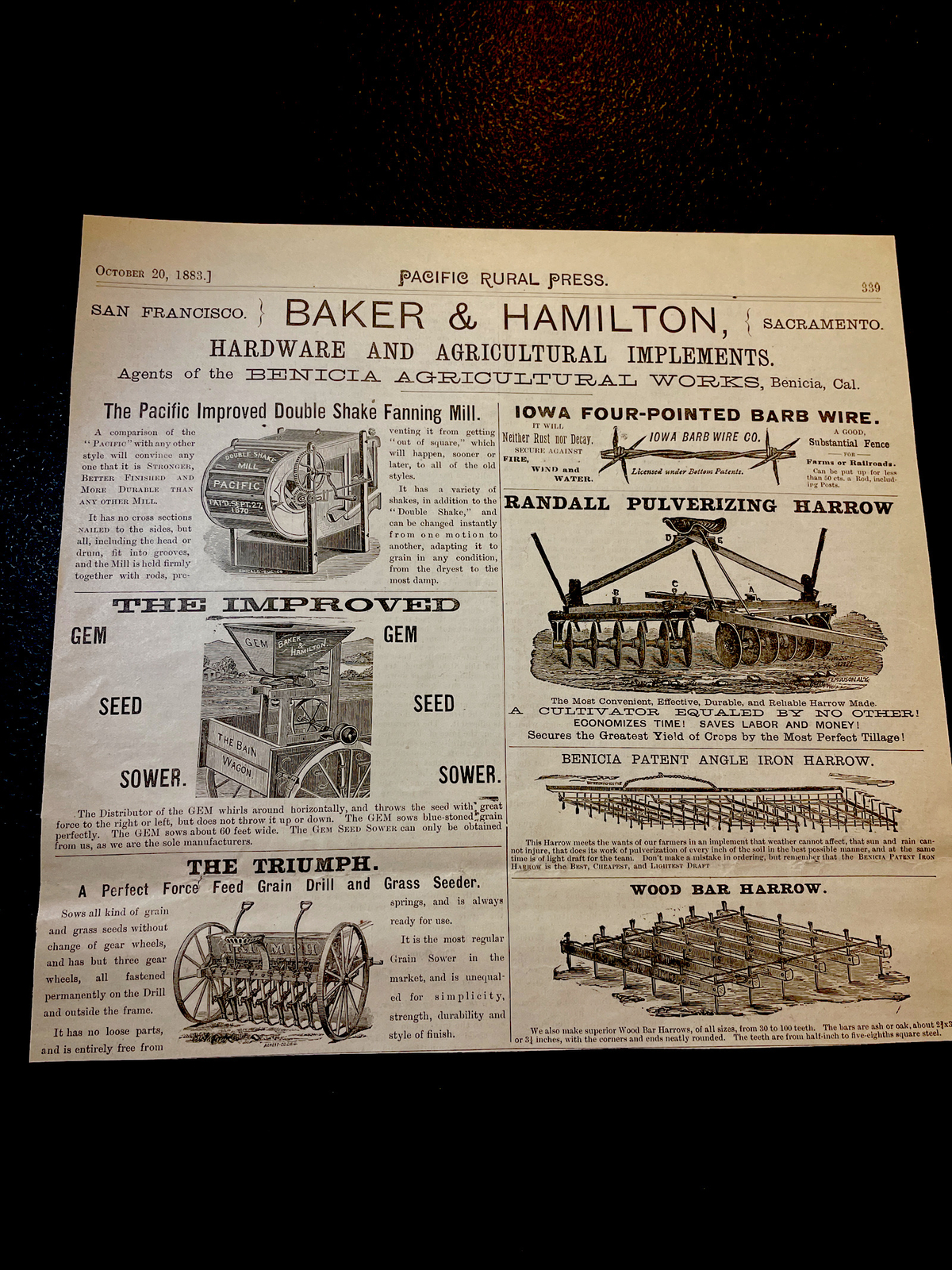 1883 Farm Advertising Engravings – Iowa Barb Wire – Randall Harrow – California