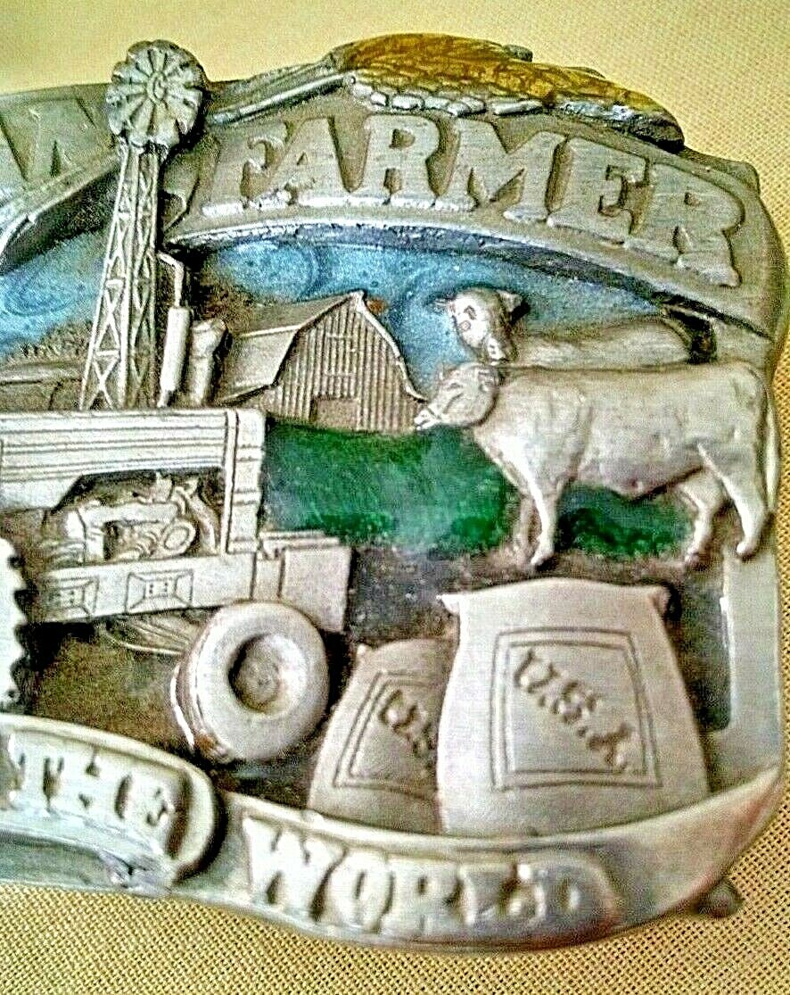 American Farmer Belt Buckle Siskiyou 1983 E-27 Feeds The World Tractor Cow Barn