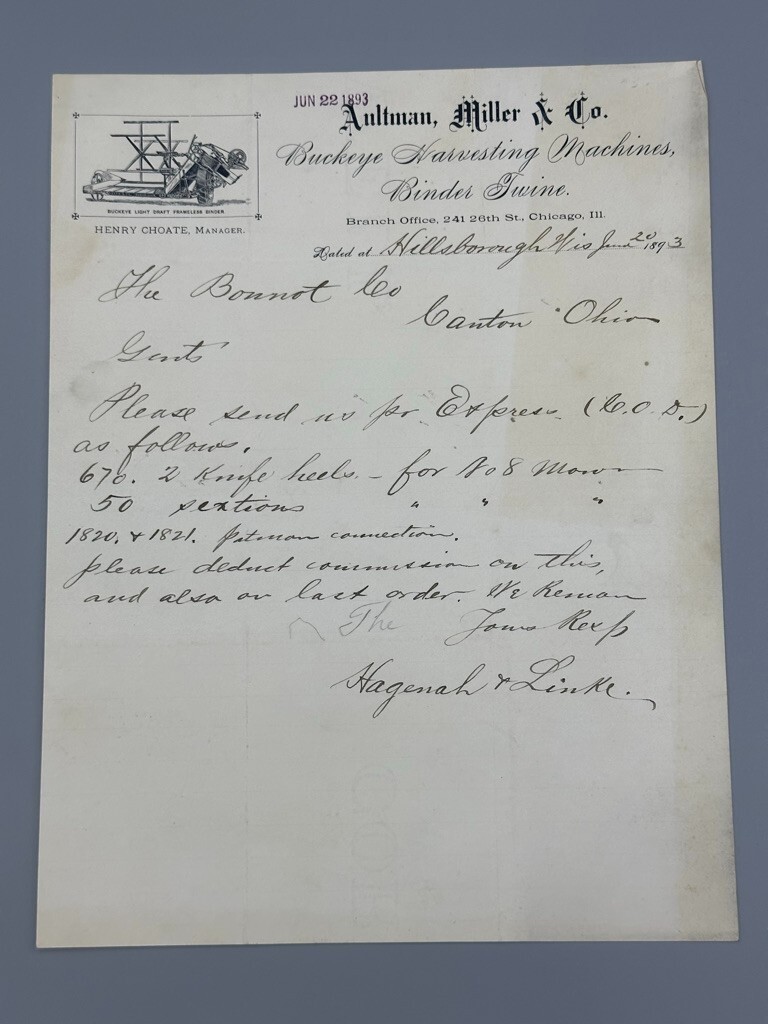 1893 Aultman Miller BUCKEYE HARVESTING MACHINE Antique FARM Advertising Letter