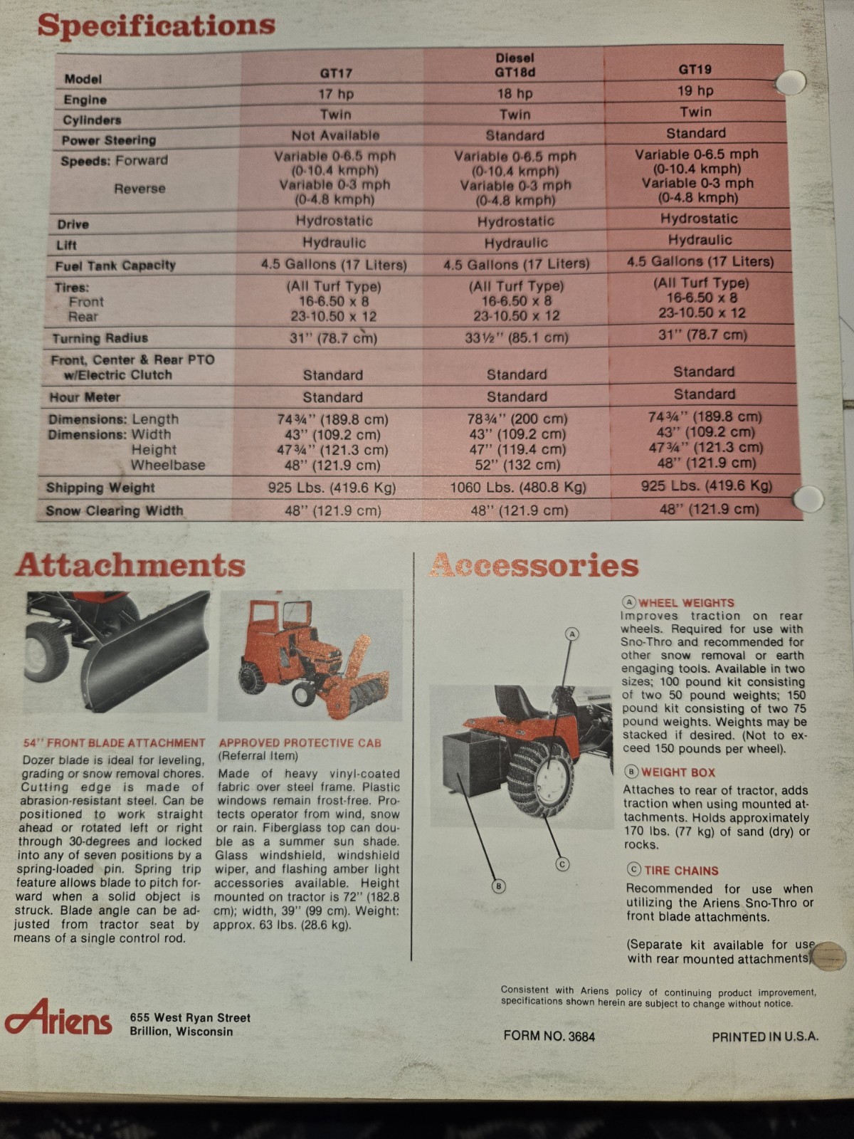 8 VINTAGE ARIENS DEALERSHIP ADVERTISING BROCHURES TRACTORS SNO-THROS