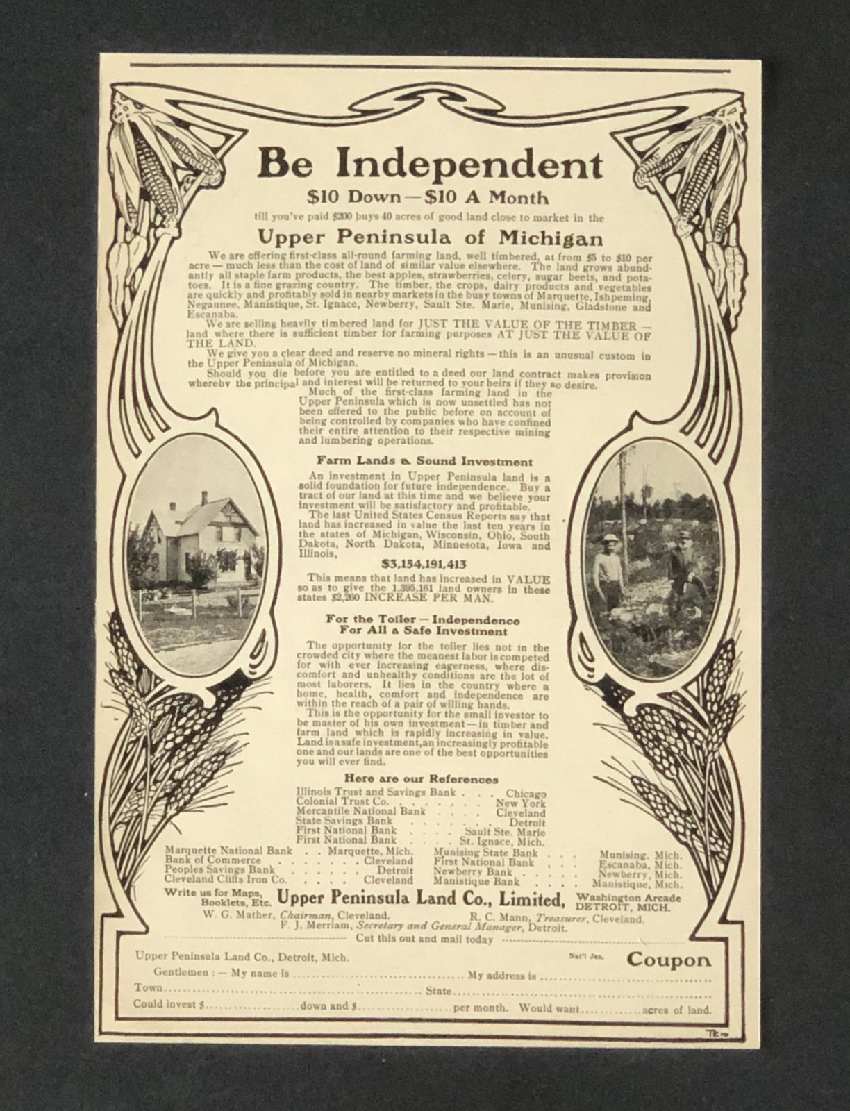 1904 Peninsula of Michigan Land Advertisement Be Independent Antique Print AD