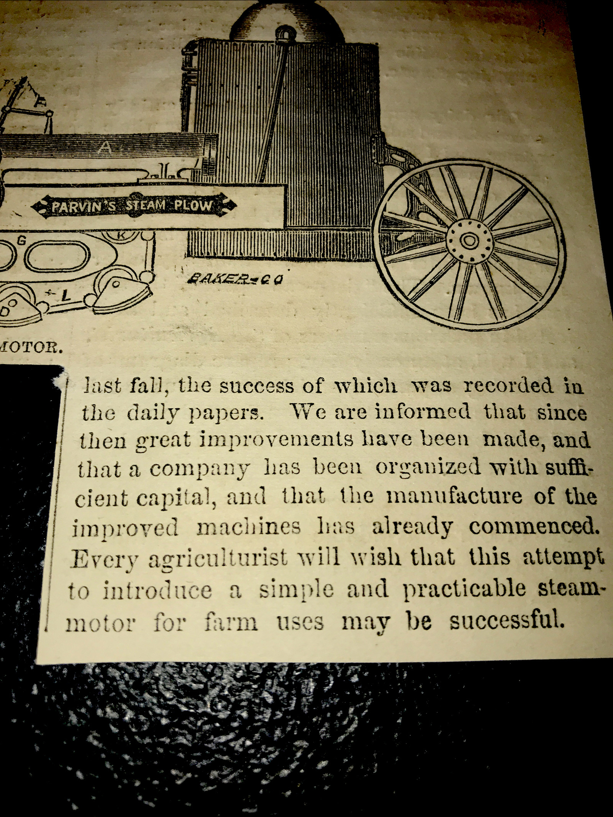 ORIGINAL 1873 Parvin’s Steam Motor Plow Farm Engraving Advertising & Article