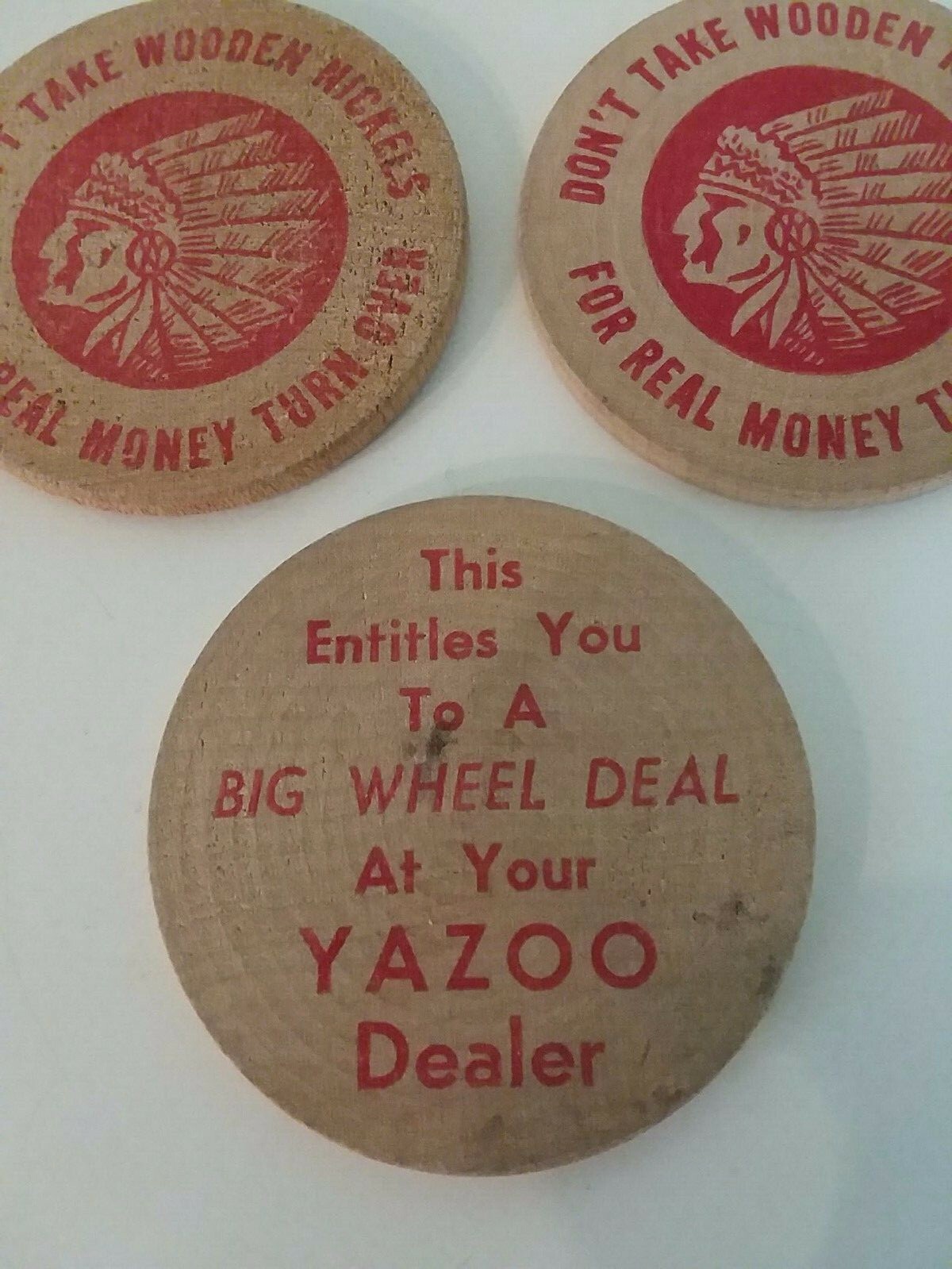 Lot of 3 Yazoo Mower Advertising Indian Wooden Nickel Big Wheel Deal Token Coins