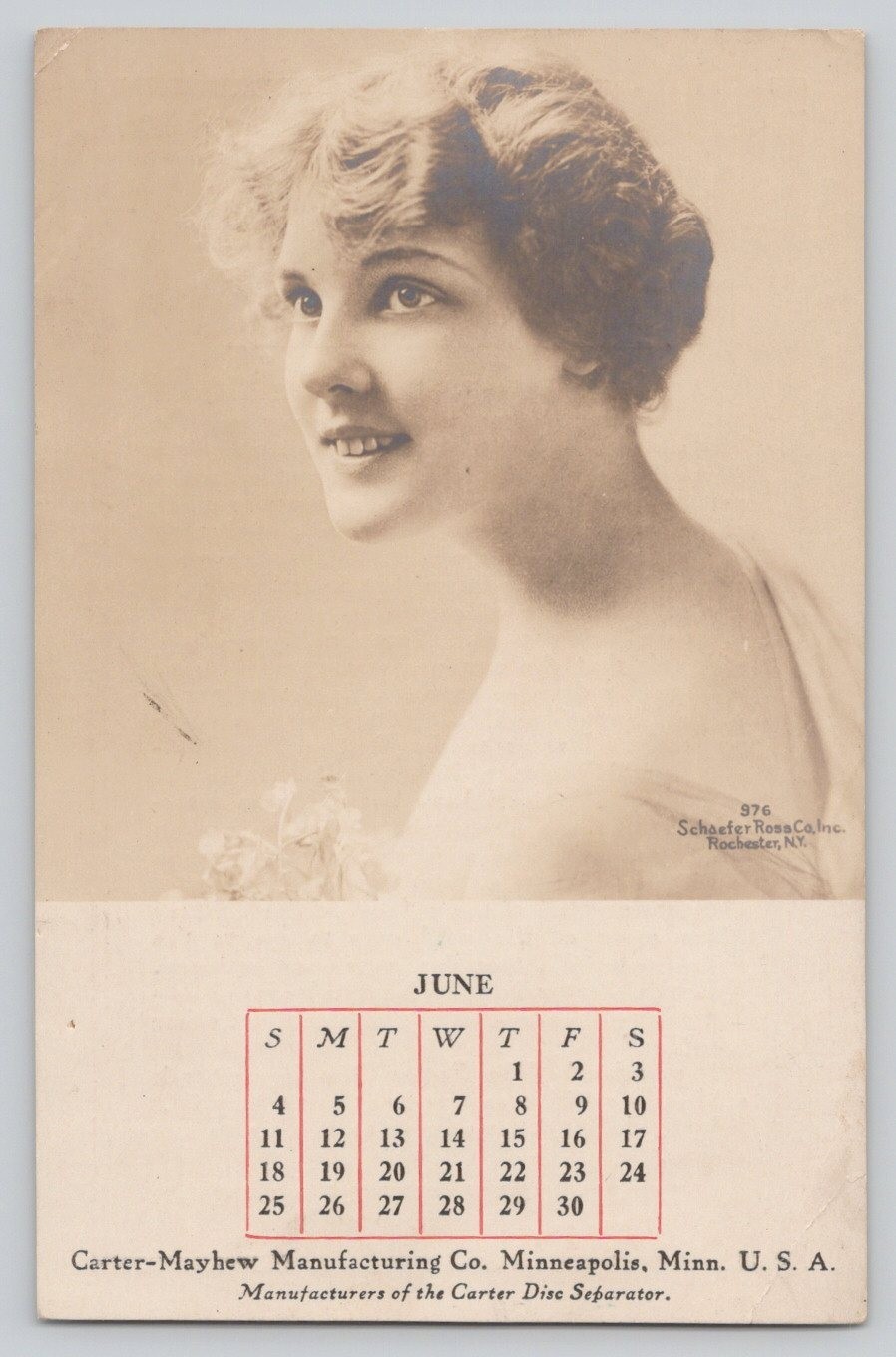 Carter Disc Separator Carter Mayhew Mfg Co June Calendar Trade Card 3.5×5.75&Prime;