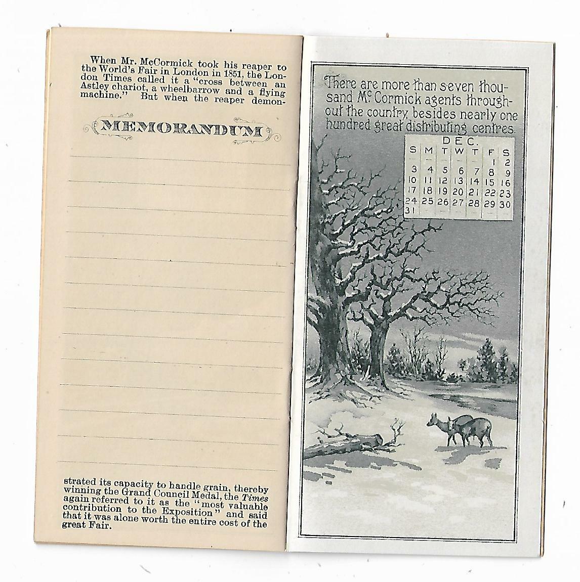 Old Calendar & Memo Book McCormick Harvesting Machine Co Chicago IL Factory View