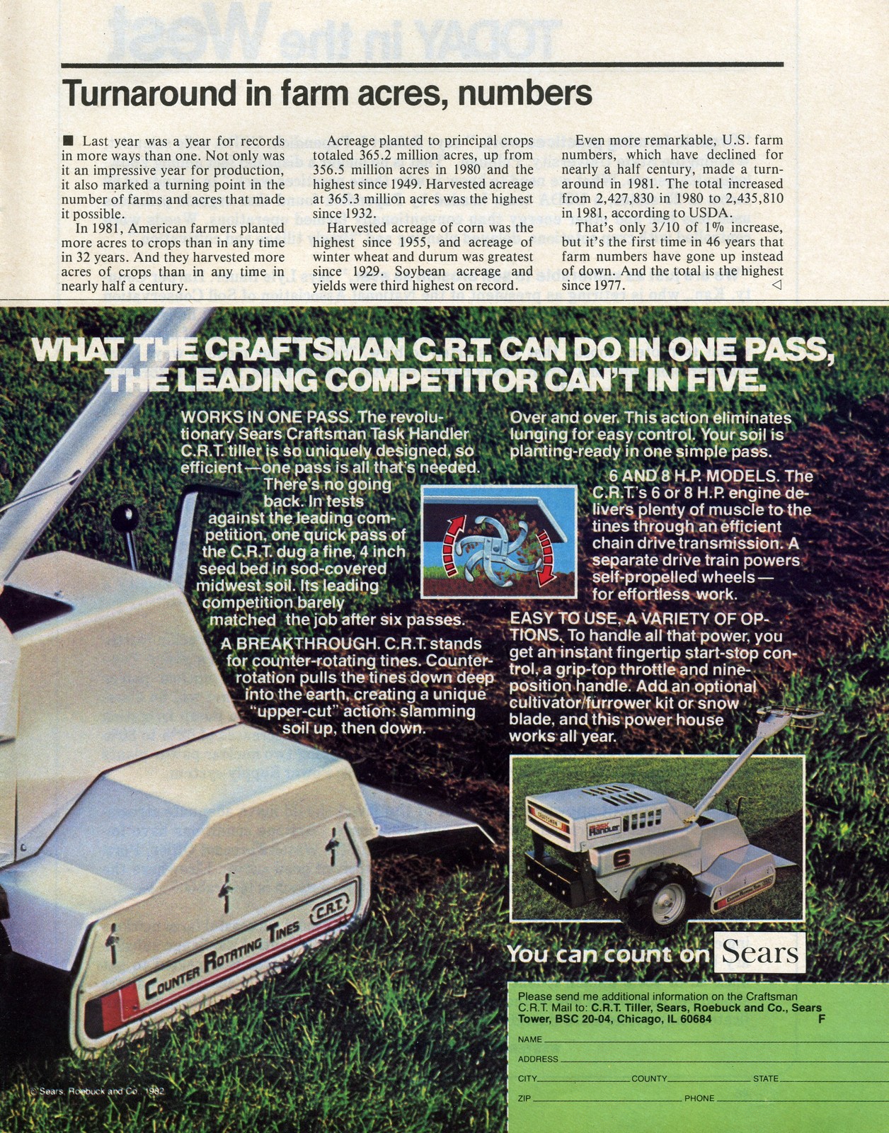 1982 Sears Craftsman CRT Counter Rotating Tines Task Handler Tiller Print Ad