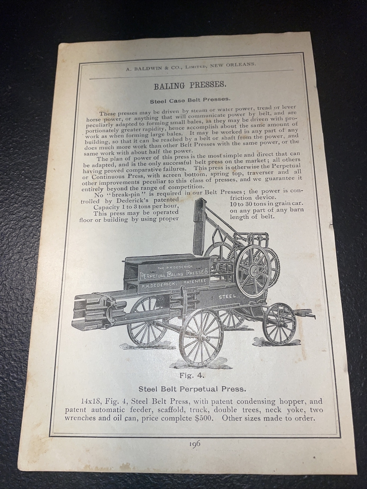 1891 Baldwin – Dederick Bailing Press – Farm Advertising – New Orleans Louisiana