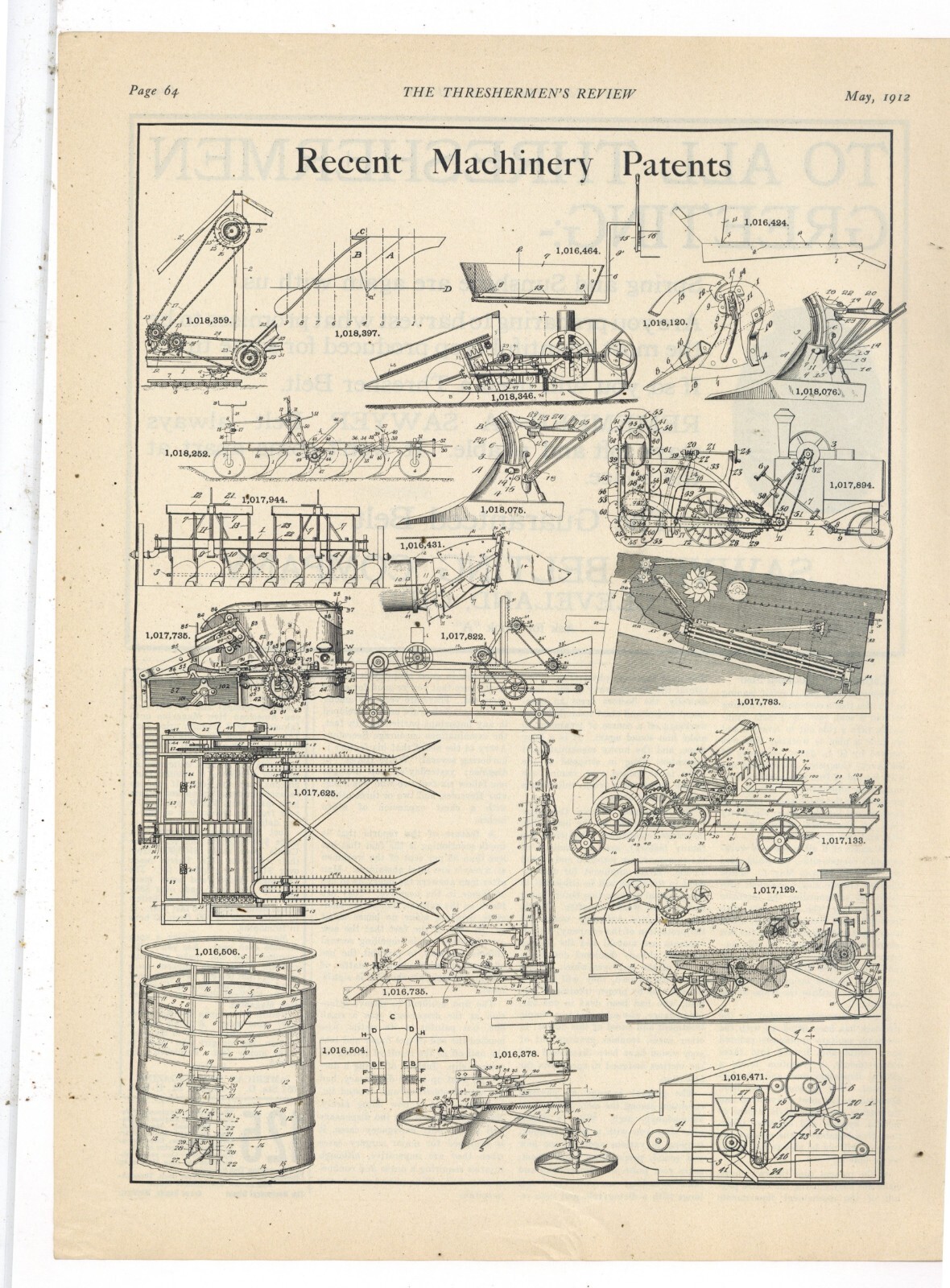 1912 Threshing Machinery Patent Diagrams Magazine Page: Plows, Machinery