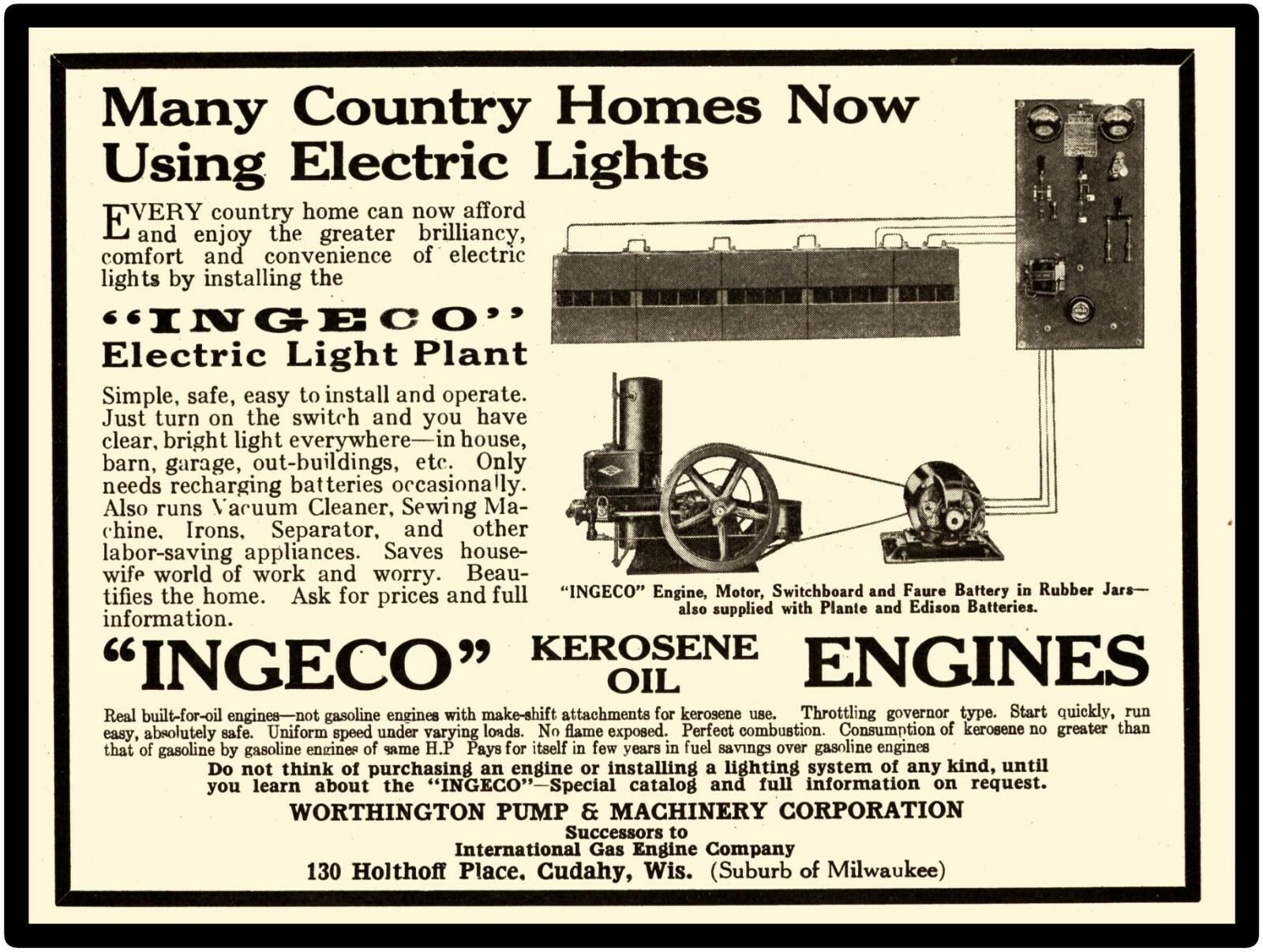 Worthington Pump & Machinery Co. New Metal Sign: Ingeco Kerosene Engine