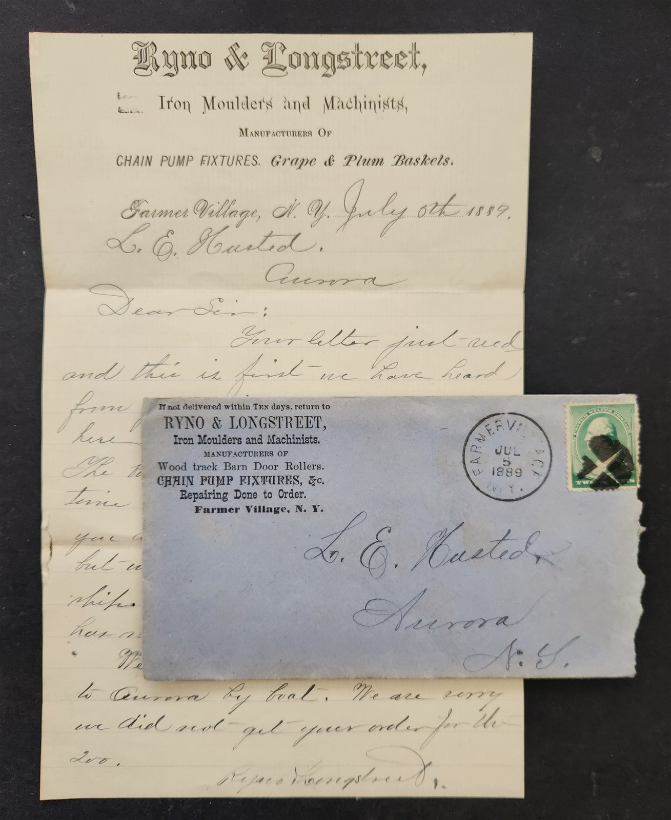 1889 antique RYNO & LONGSTREET farmer village ny LETTER COVER machinist HUSTED
