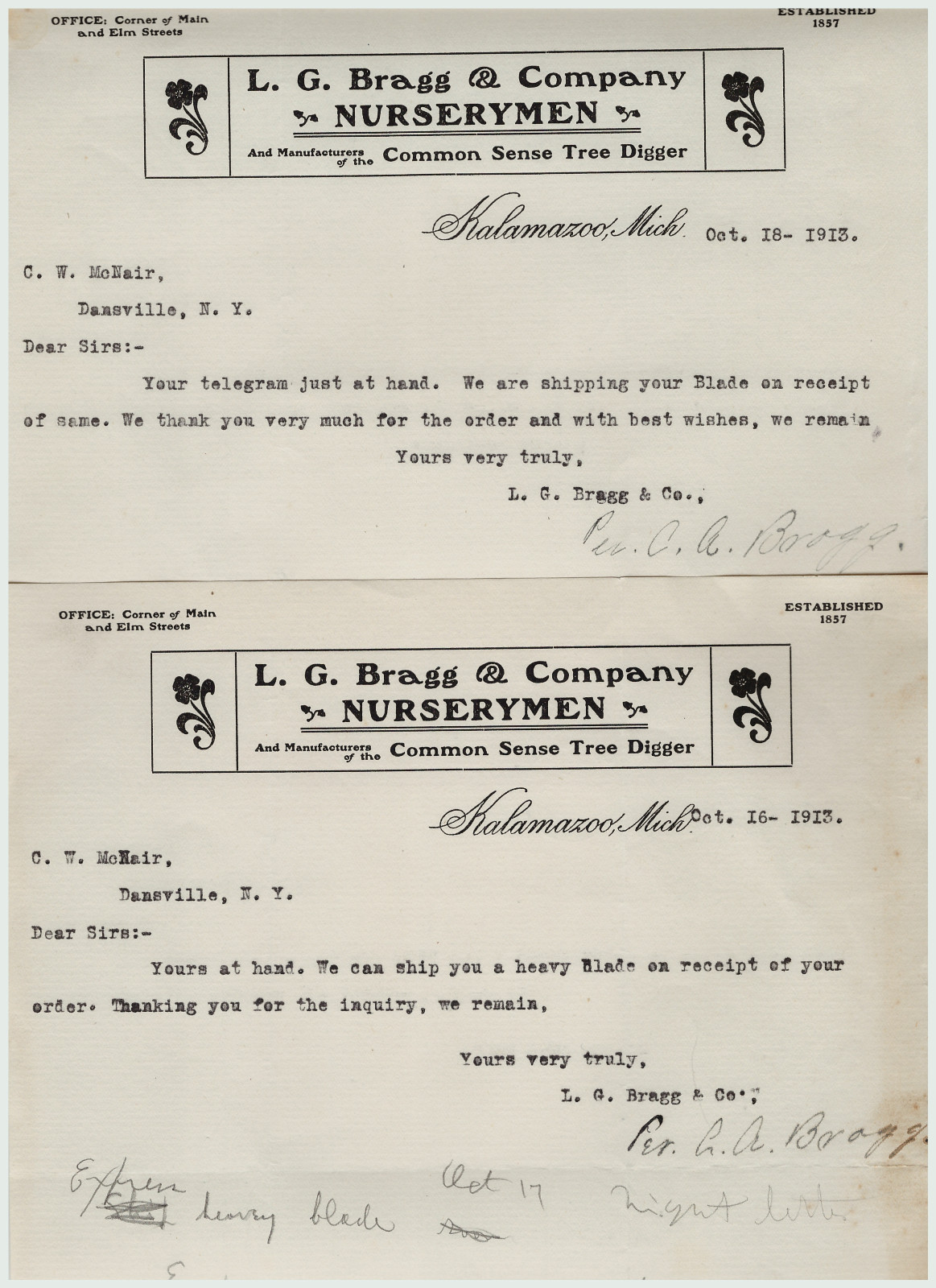 RARE -1913 Letterhead Billhead LOT of 3 – Bragg Nursery – Kalamazoo MI