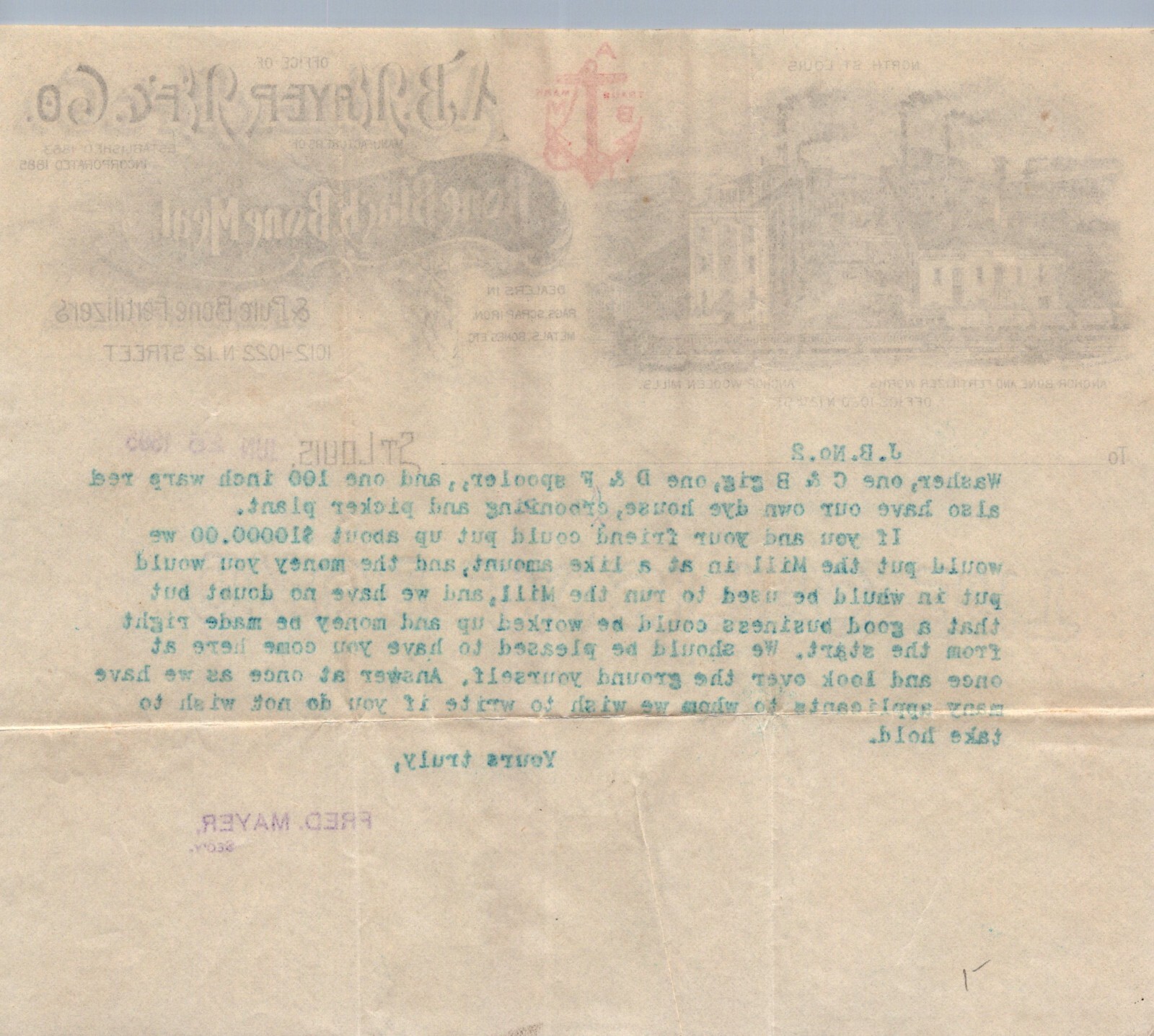 Agriculture Paper Receipt A B Mayer Bone Black Bone Meal Advertise 1895 A11LL