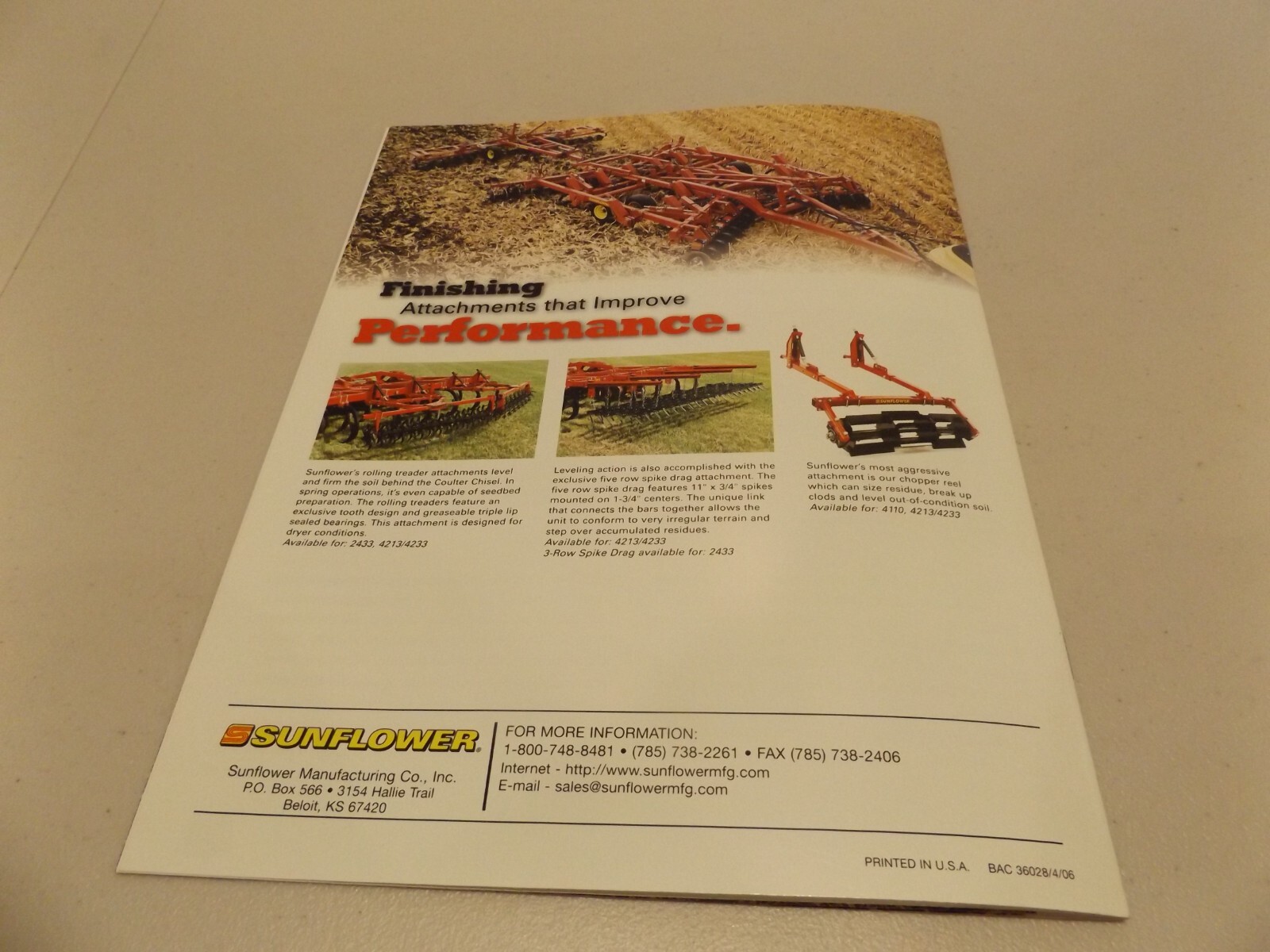 SUNFLOWER PRIMARY TILLAGE TOOLS MODEL 4530 CHISEL, LIT # BAC 36028 4/06