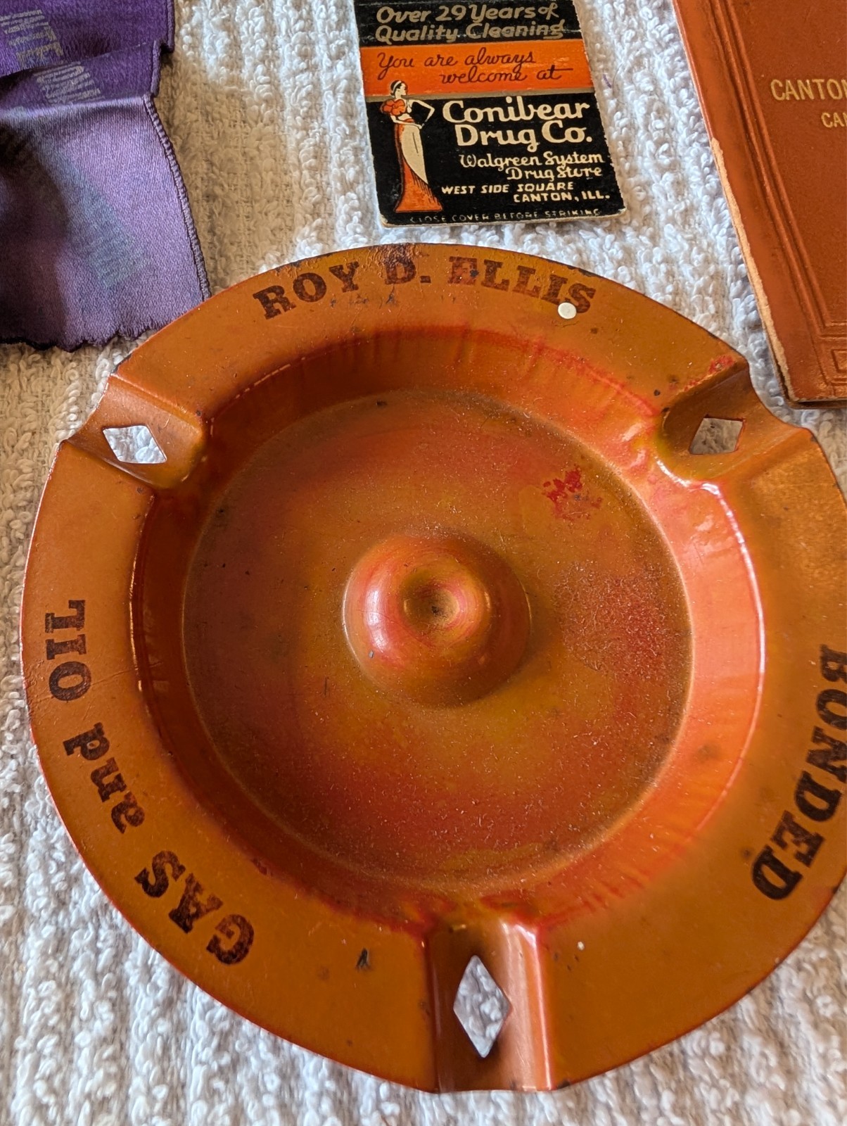 Canton, Ill.vintage advertising lot. thermometer, ashtray ,matchbox cover, moreu