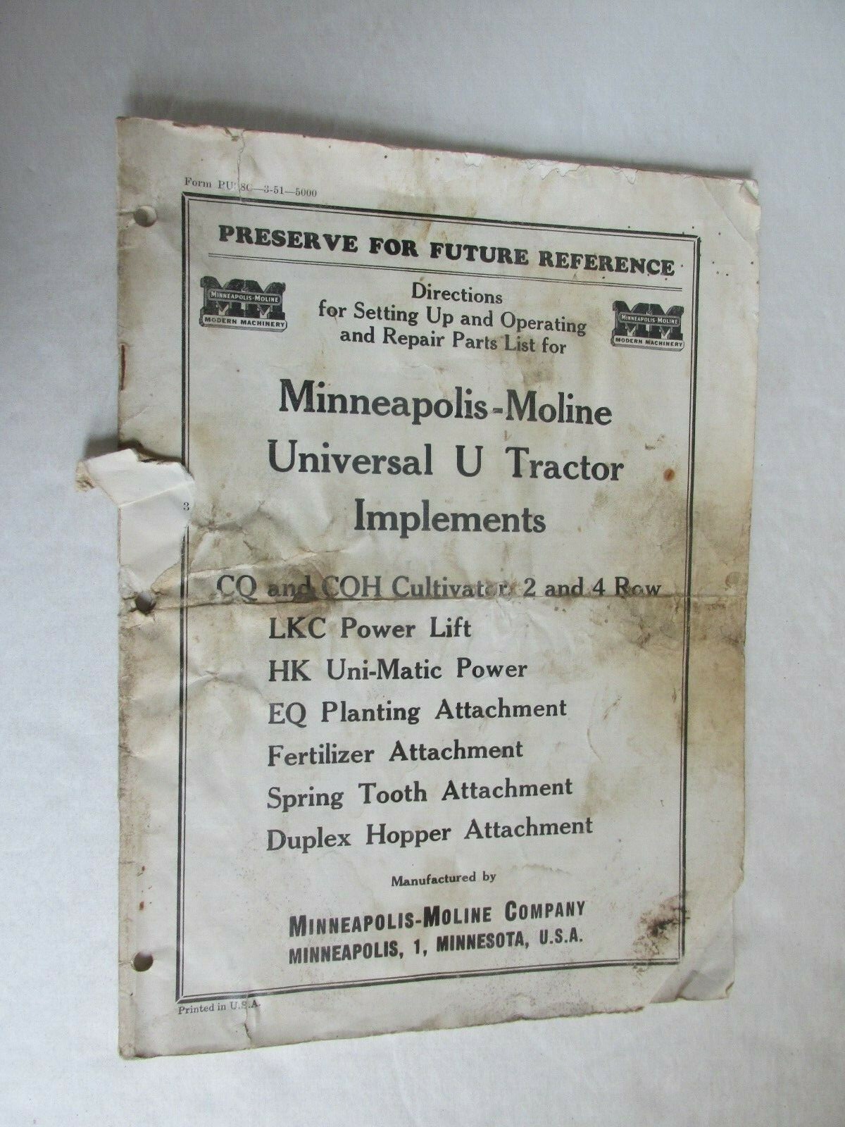 MBF83 Farm Manual Minneapolis Moline MM Directions Universal U Tractor Implement