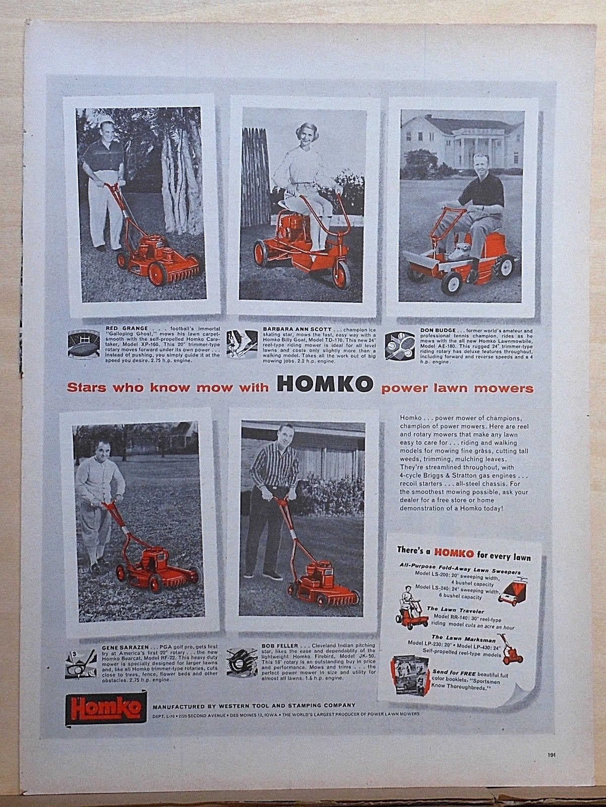 1956 magazine ad for Homko Lawn Mowers – Bob Feller, Gene Sarazen, Red Grange