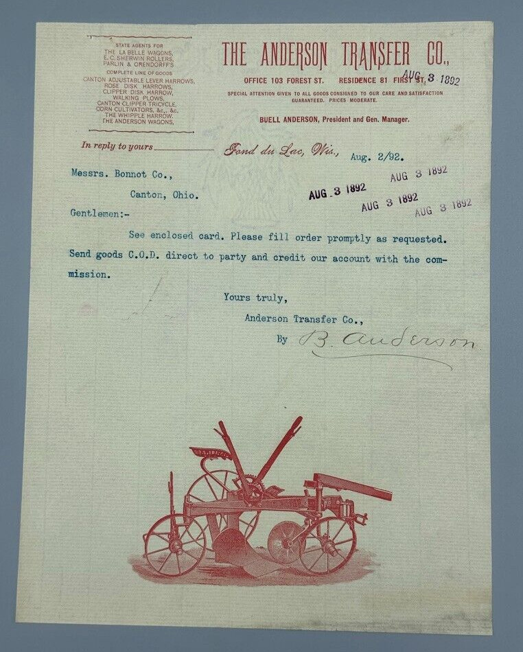 1892 -1896 ANDERSON Transfer Antique FARM Advertise Letter FOND Du LAC Wisconsin