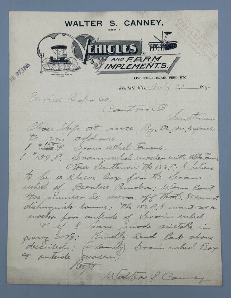 1895 FARM BUGGY Mower TOOLS Antique Advertising KENDALL WISCONSIN Letterhead