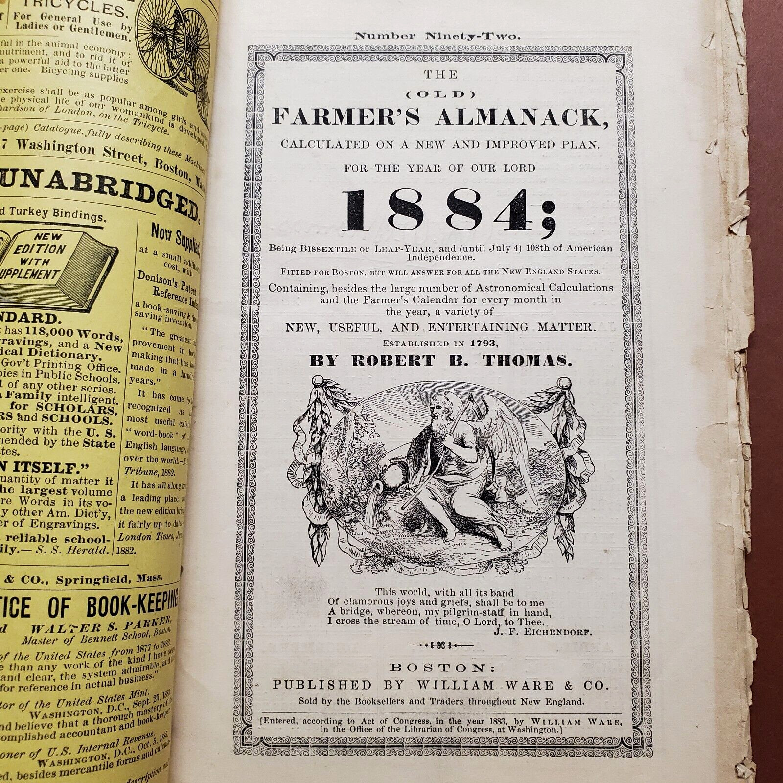 1884 Old Farmers Almanac Astronomical Calculations Farm Calendar Ads No 92