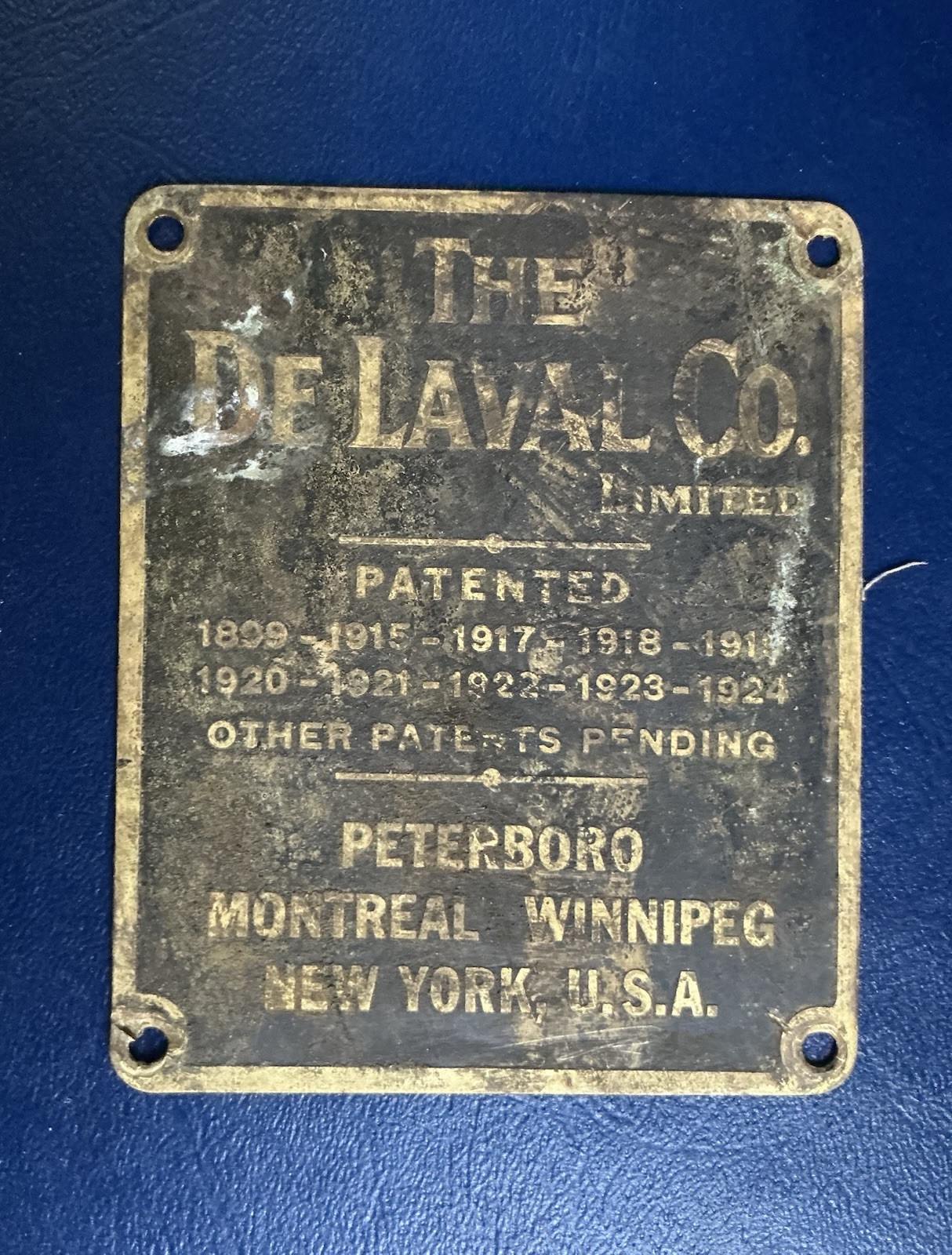 Vintage DeLaval Separator Co. Embossed Brass Patents Identification Tag Badge