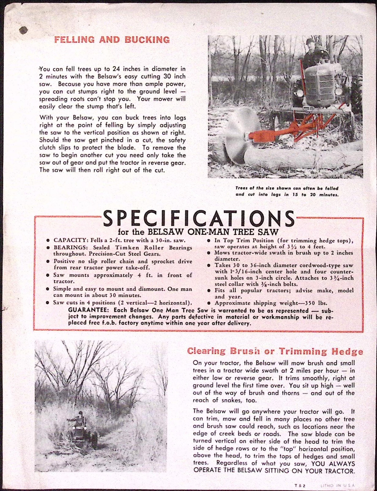 1952 Belsaw Machinery Co One Man Tree Saw Timken Bearing Equipped Brochure