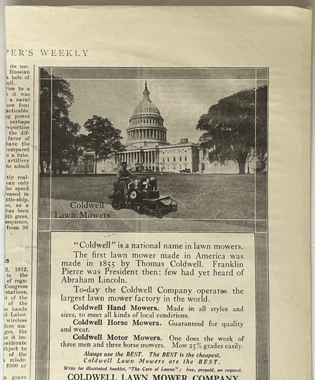 1913 Coldwell Lawn Mowers PRINT AD Newburgh N. Y. Capital Building Lawn