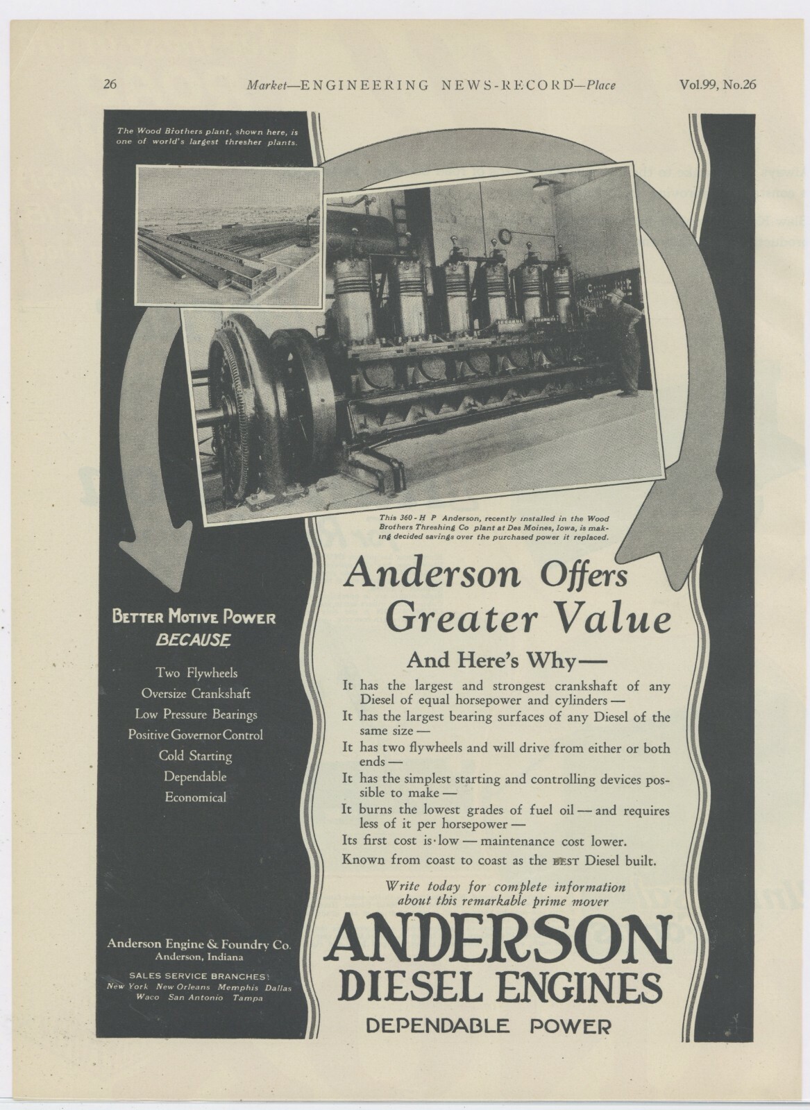 1927 Anderson Diesel Engine Ad: Wood Bros Threshing Machine Co. Pic, Des Moines