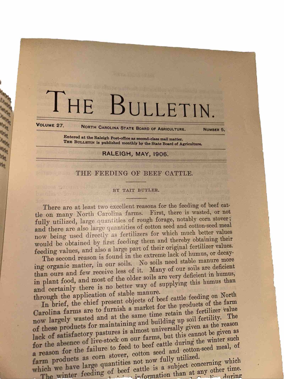 1906 ‘The Bulletin Of North Carolina Dept Of Agriculture Feeding Of Beef Cattle