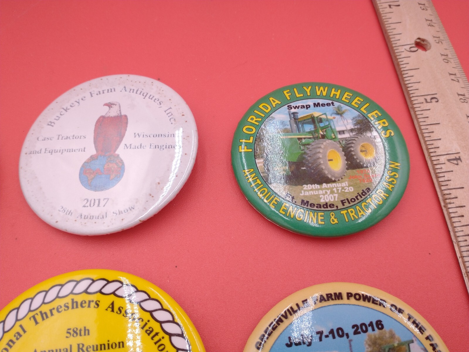 Lot of 6 various pinback buttons. Threshers, antique farm, tractors, Ag #1380
