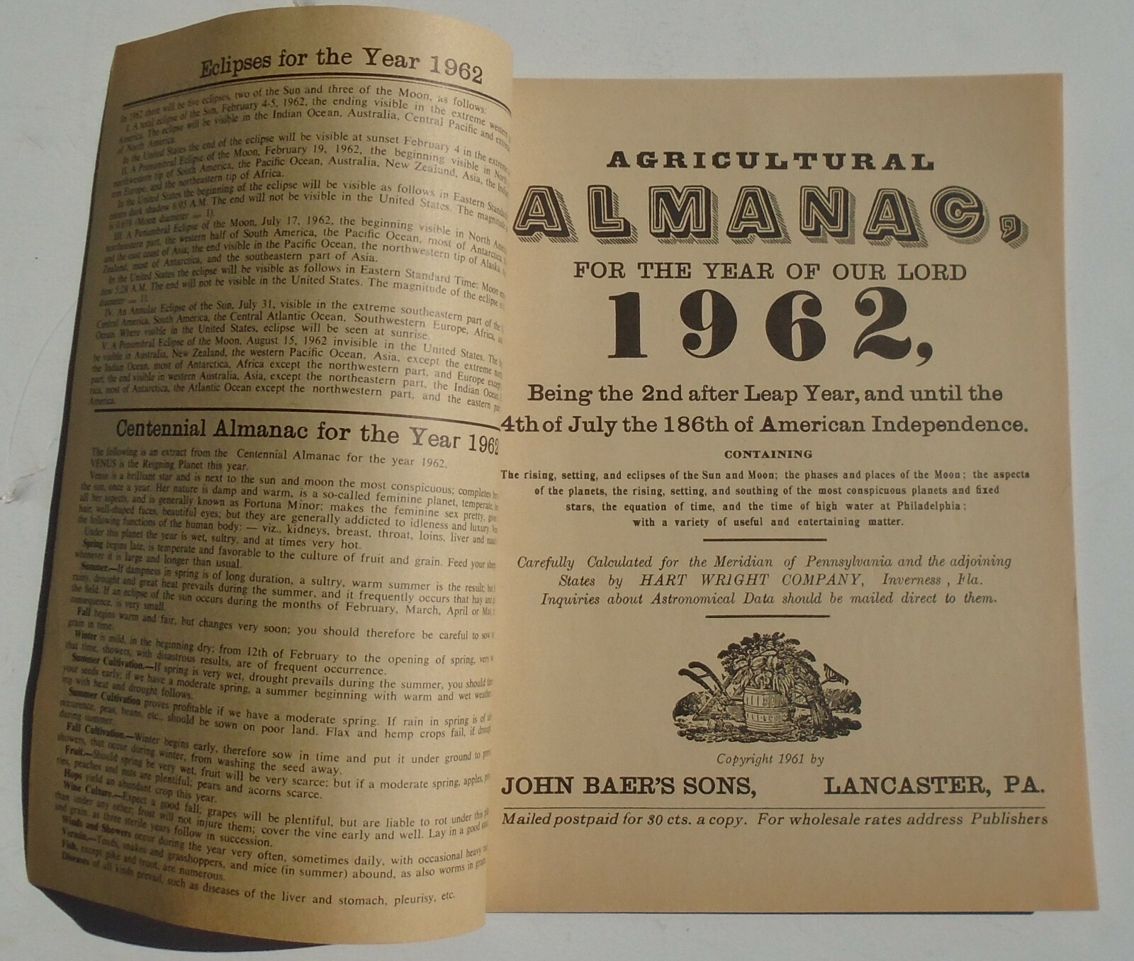 John Baer&rsquo;s Sons, Lancaster, PA 1962 Agricultural Almanac