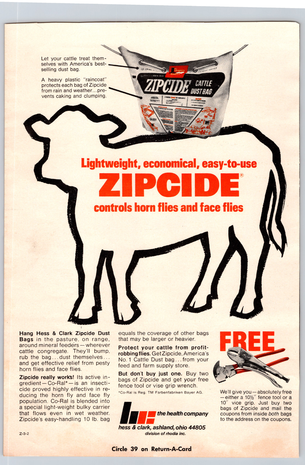 1973 Print Ad Hess & Clark Ashland Ohio Zipcide Cattle Dust Bag