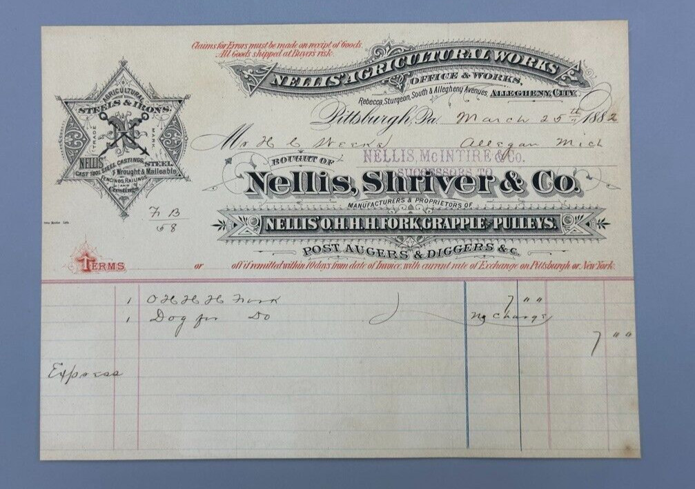1882 Nellis Shriver GRAPPLE & PULLEYS Farm Advertising Invoice PITTSBURGH