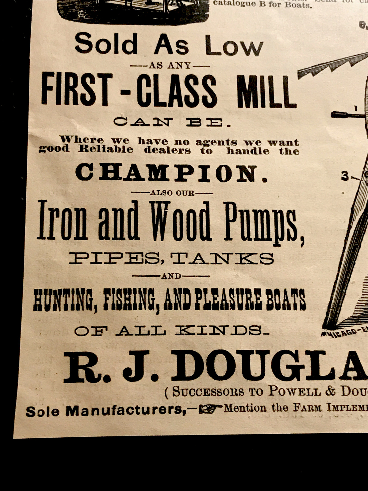1886 Douglas Champion Windmill Farm Engraving Advertising – Waukegan – Illinois