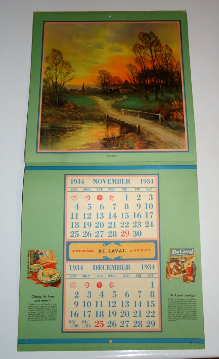 1934 ADVERTISING CALENDAR DE LAVAL SEPARATOR BEAUTIFUL CONDITION