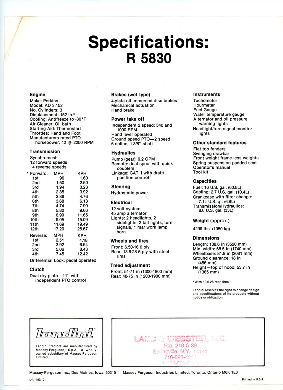 Landini R5830 Tractor 1983 2 page sales brochure w/specs
