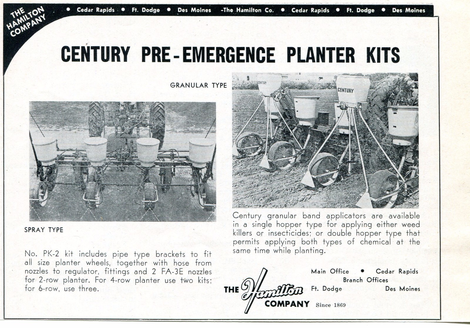 1962 Dealer Print Ad of The Hamilton Co Century Granular & Spray Tractor Planter