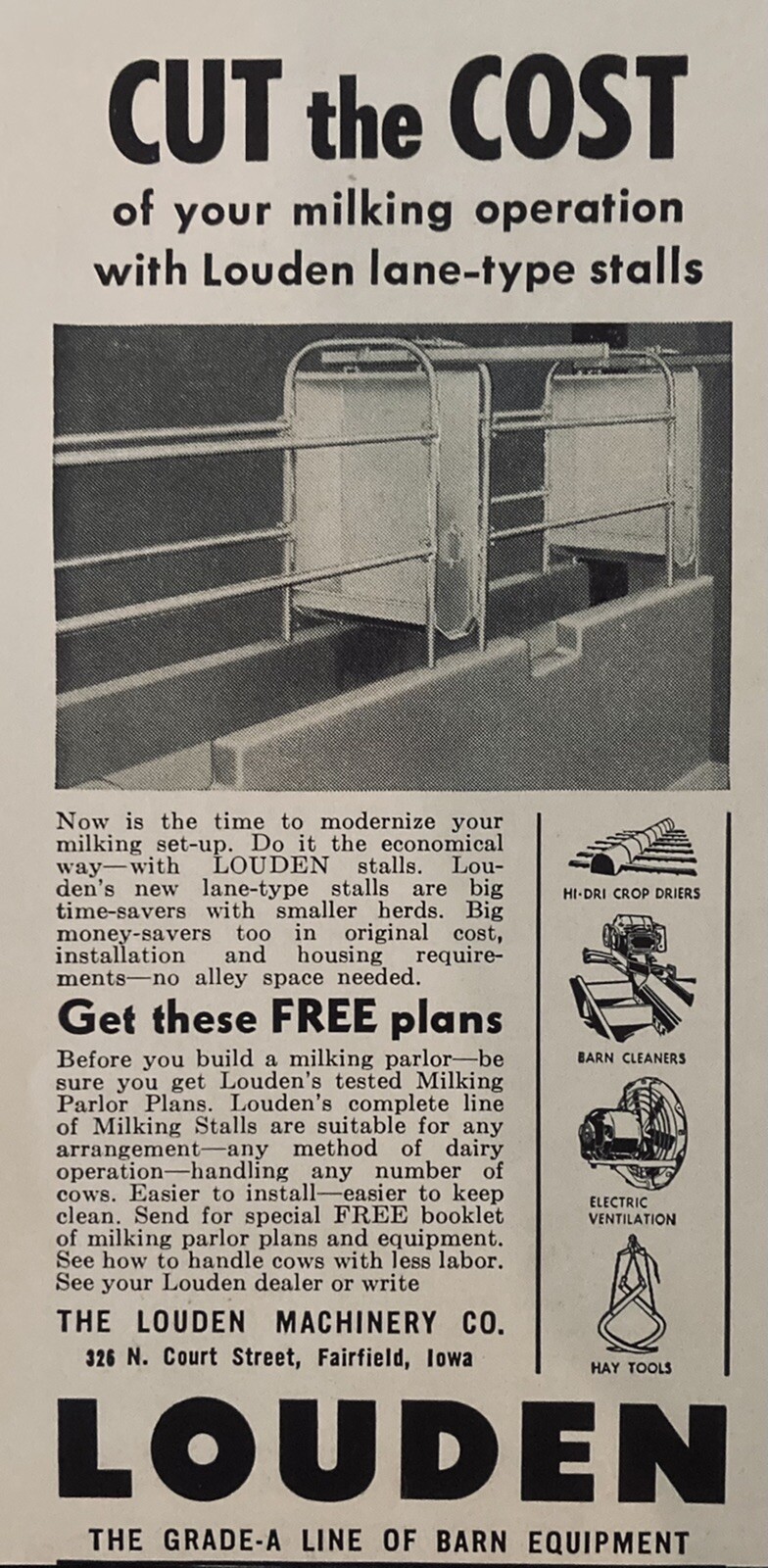 1953 AD.(XH56)~LOUDEN MACHINERY CO. FAIRFIELD, IOWA. LOUDEN LANE-TYPE STALLS