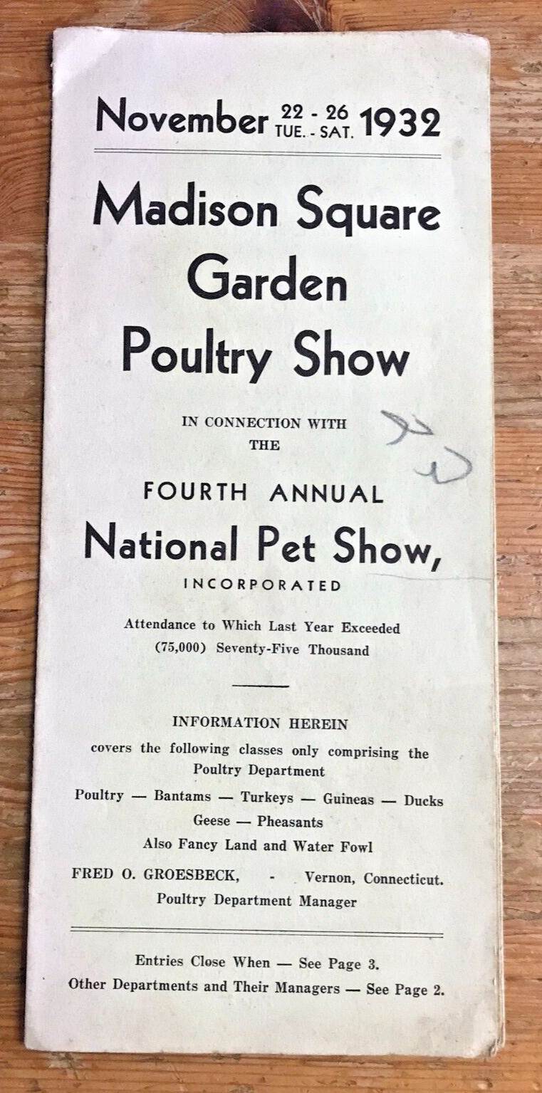 1932 Madison Square Garden Poultry Show National Pet Program VTG New York NYC